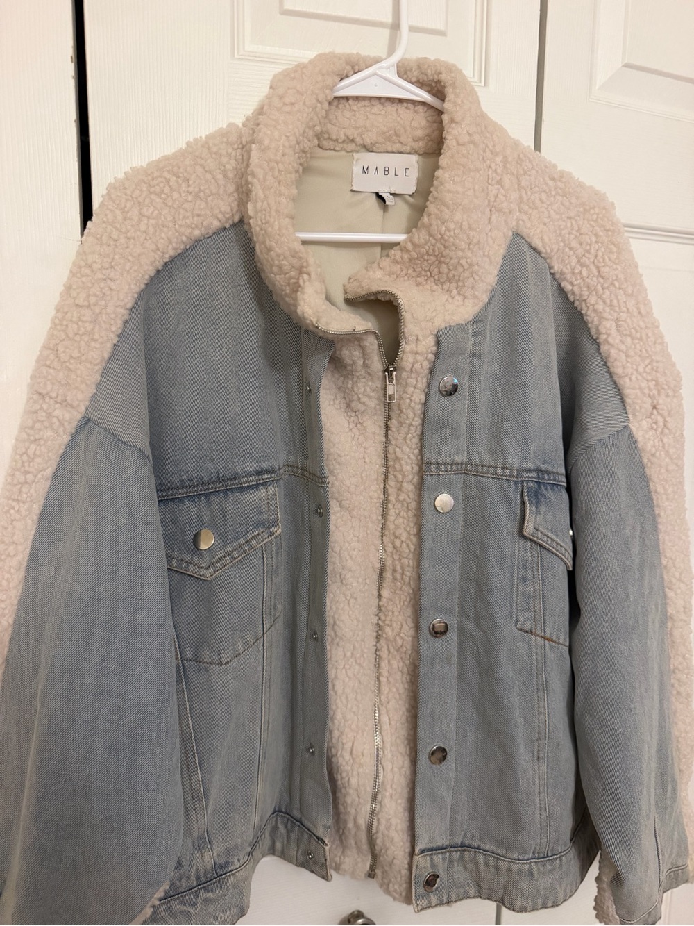 NWOT Mable Women’s Sherpa-Lined Light Blue Denim Teddy Jacket with Cream Trim - Picture 7 of 14